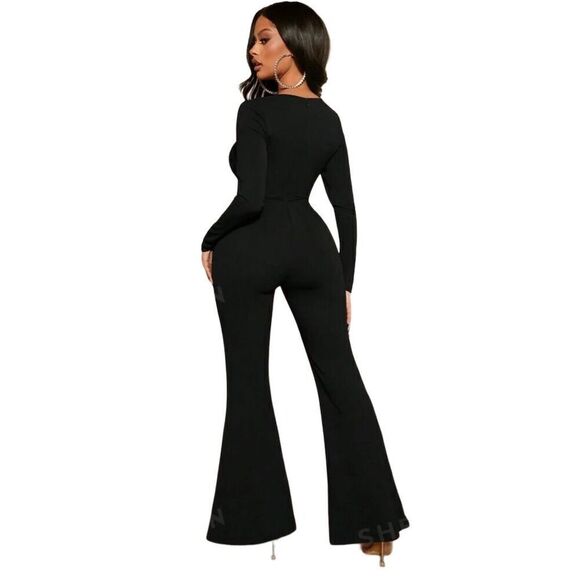 SHEIN Women's Black Sweetheart Neck Flare Leg Jumpsuit Size L - Picture 3 of 3